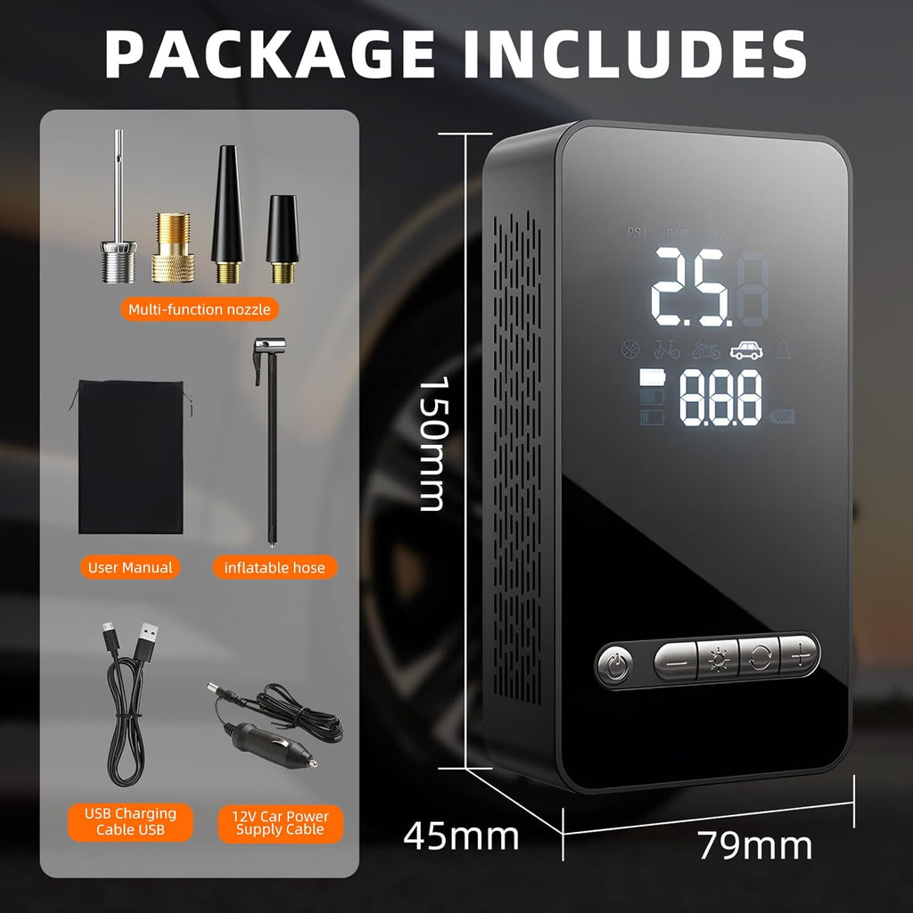 Tyre Inflator Portable Air Compressor 150PSI, DC 12V Dual Power Supply Faster Inflation Air Pump with LED Light Auto-Off, Electric Air Pump for Car, Bike, Motorcycle, Ball