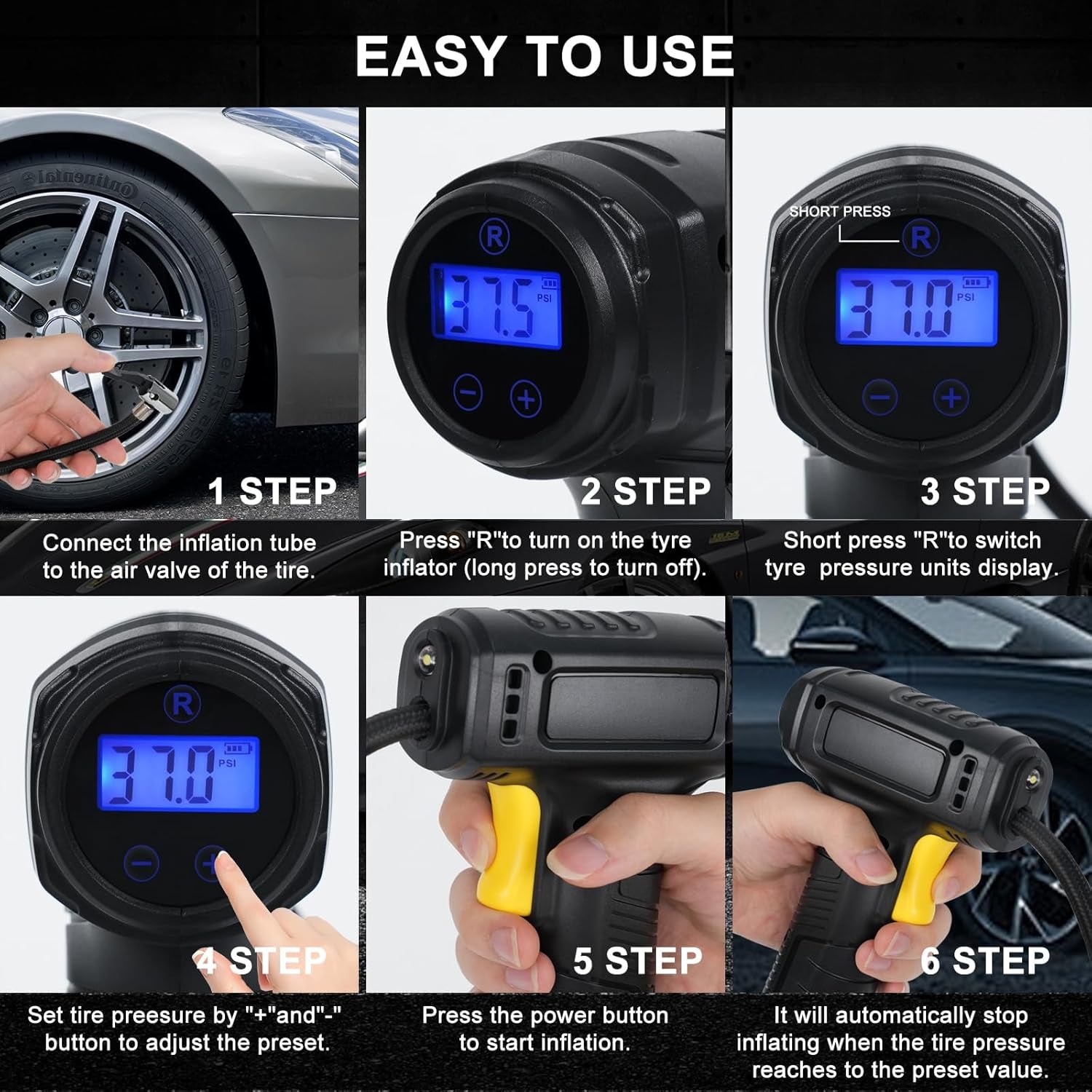 Tyre Inflator Cordless Air Compressor,Portable Handheld Rechargeable Tyre Inflator with Digital Pressure Gauge,150Psi Auto Shut off Tyre Inflator with LED Light&7Nozzle for Car Motorcycle Bicycle Ball
