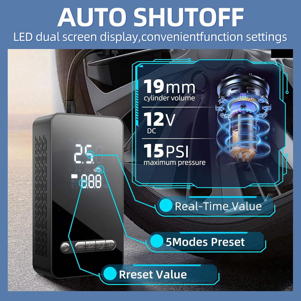 Tyre Inflator Portable Air Compressor 150PSI, DC 12V Dual Power Supply Faster Inflation Air Pump with LED Light Auto-Off, Electric Air Pump for Car, Bike, Motorcycle, Ball