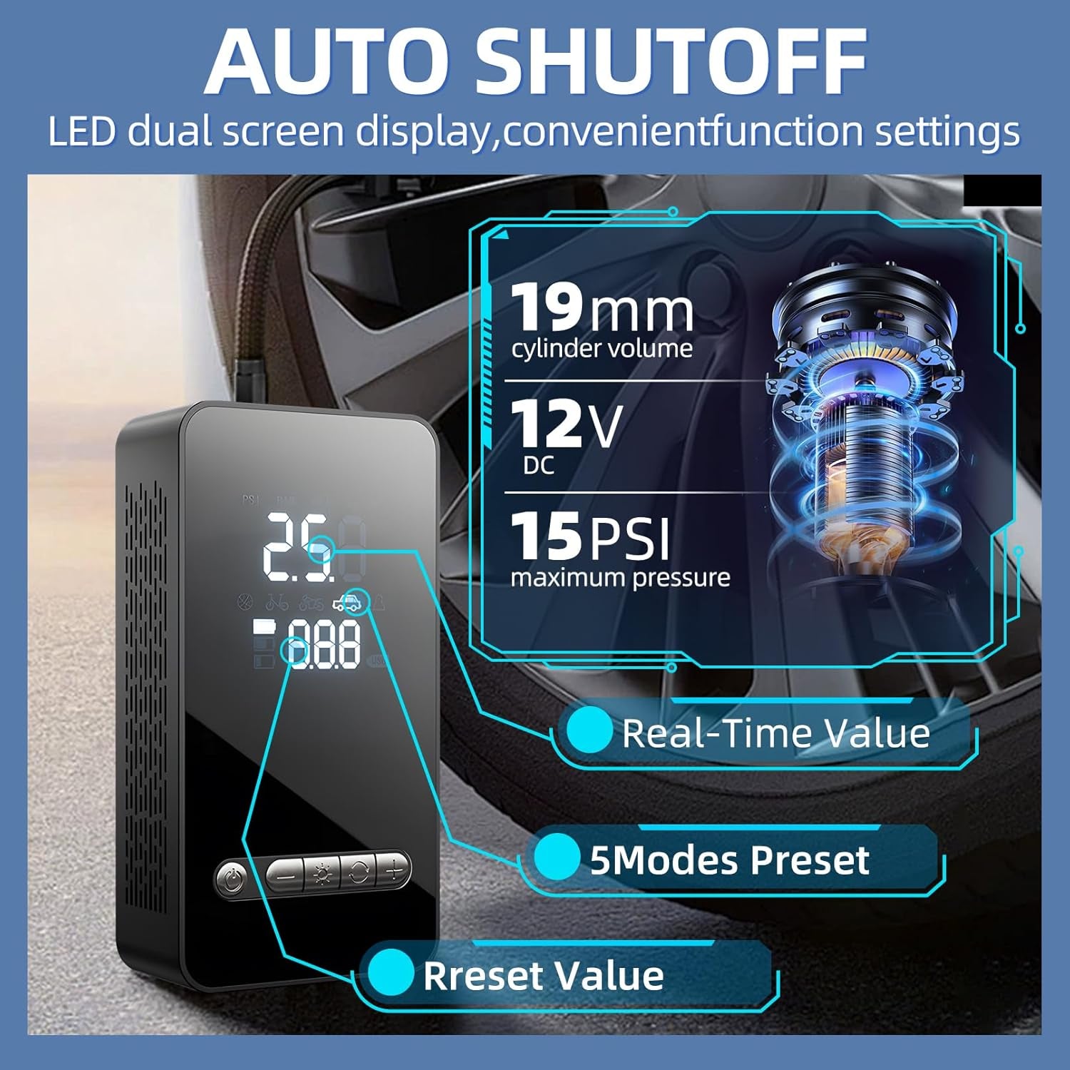 Tyre Inflator Portable Air Compressor 150PSI, DC 12V Dual Power Supply Faster Inflation Air Pump with LED Light Auto-Off, Electric Air Pump for Car, Bike, Motorcycle, Ball