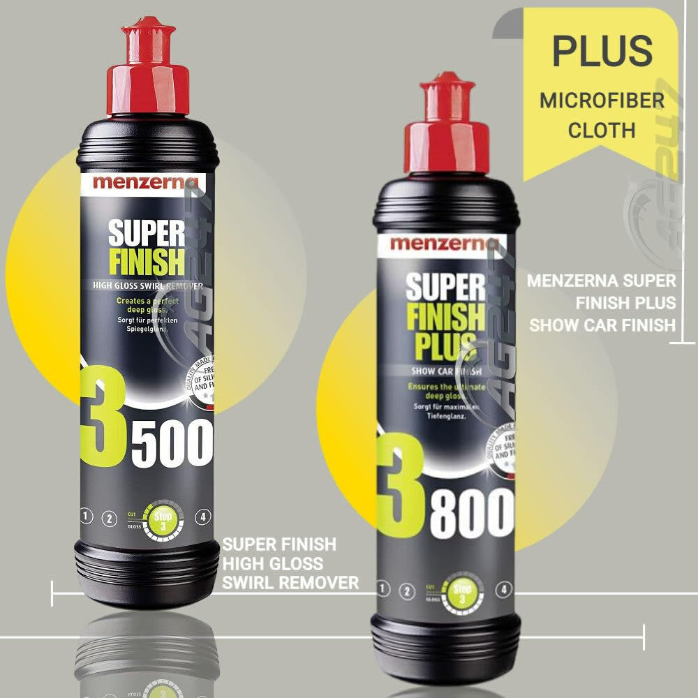 Menzerna 1 X 250Ml Super Finish 3500 High Gloss Polish 1 X 250Ml Super Finish plus 3800 Polishing Compound for Marks, Micro Scratches & Holograms with Microfibre Cloth & Non Slip Car Dash Mat