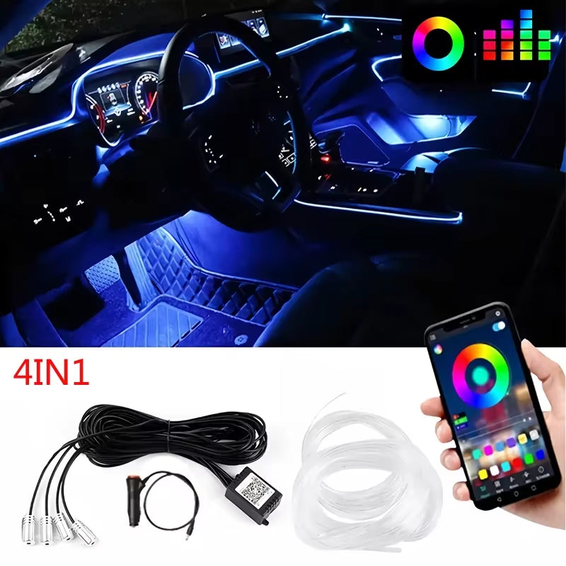 Flexible EL Wire Lights with App Control Ambient Atmosphere Strip Light Decorative Lamps 12V Car Interior Neon RGB Led Strip