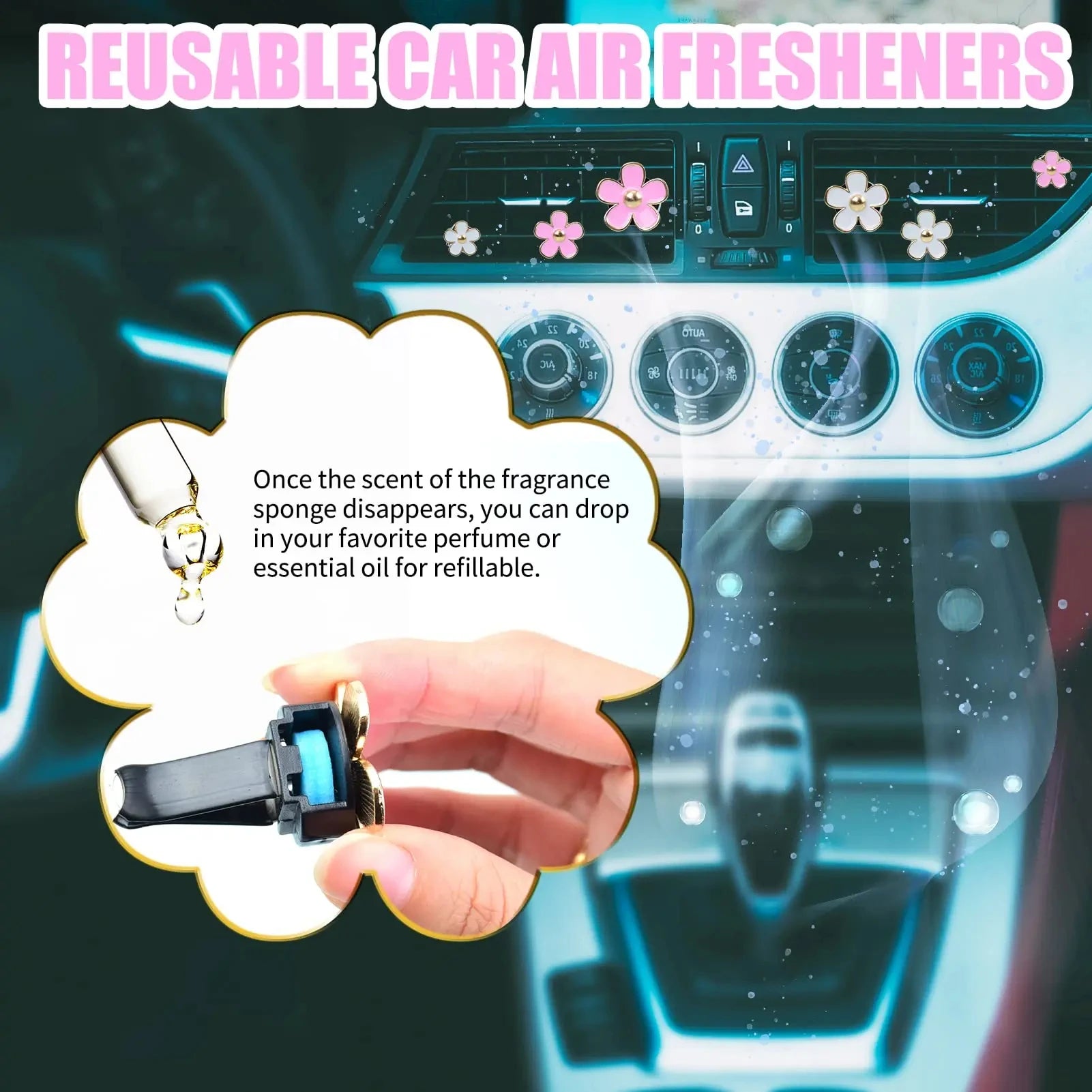 Car Air Fresheners, Car Scents Vent Clip Air Freshener, Flower Air Freshener Car Clips, Pink & White&Black