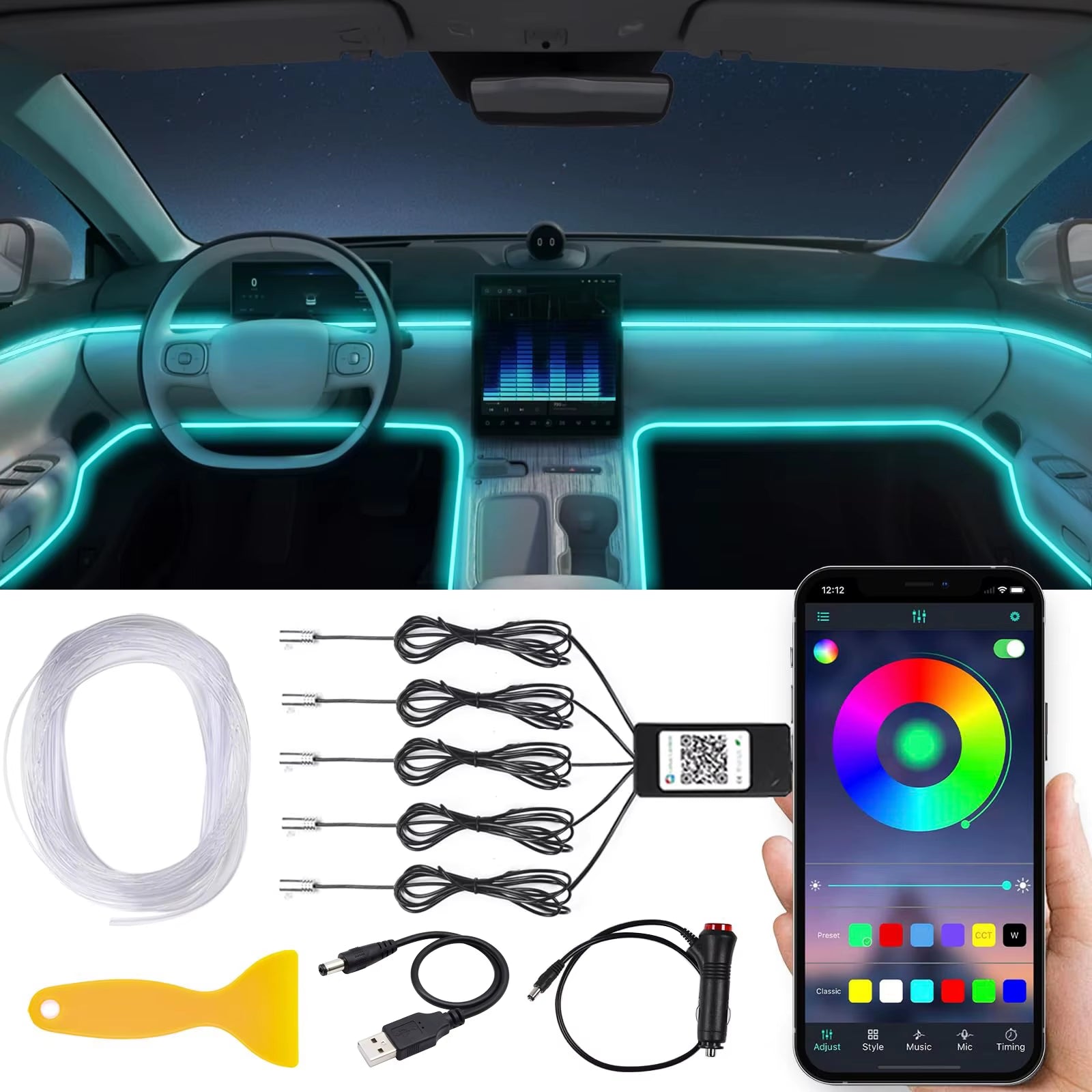 Flexible EL Wire Lights with App Control Ambient Atmosphere Strip Light Decorative Lamps 12V Car Interior Neon RGB Led Strip