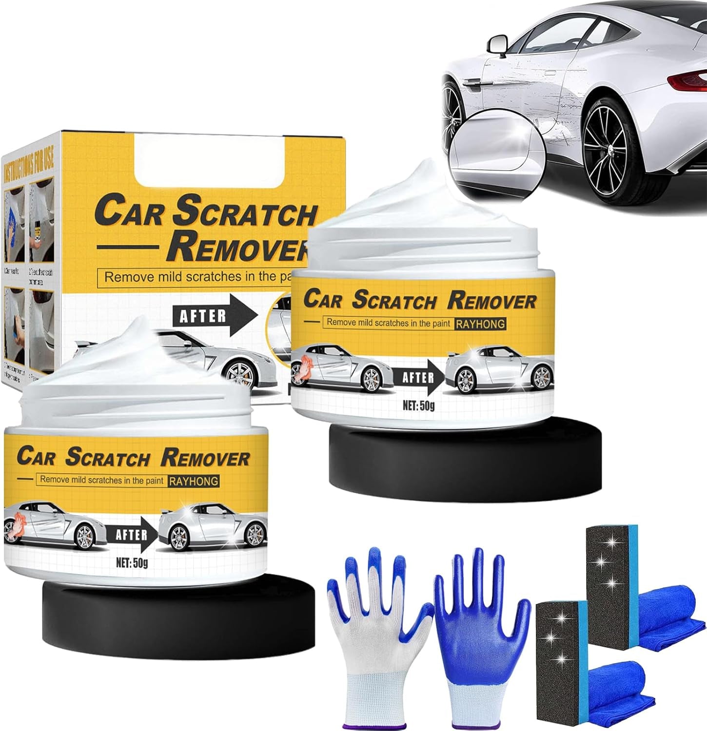 T-221A Car Scratch Remover & Polishing Compound with Sponge, Restores Like-New Shine, Removes Scratches, Oxidation & Swirl Marks, Safe for All Car Finishes (2Pcs)