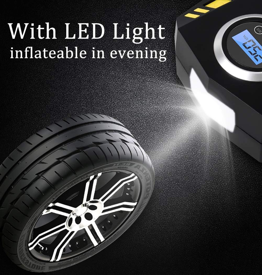 Digital Tyre Inflator,Tyre Inflator Portable Air Compressor Car Tyre Pump with 3 Nozzle Adaptors and Digital Led Light,12V Rapid Tyre Inflator Air Compressor for Car Tires and Other Inflatables