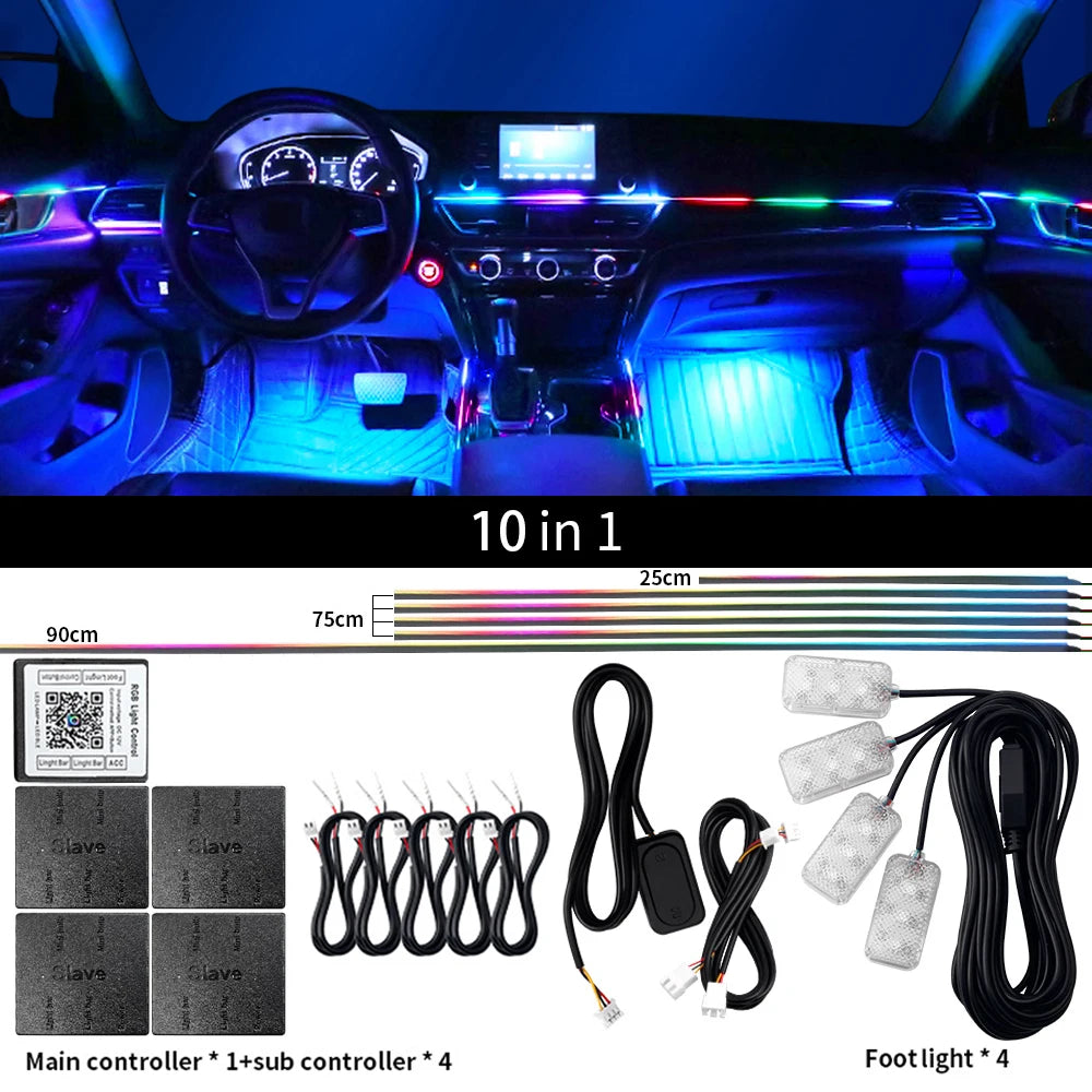 18 in 1 LED Symphony Ambient Lights Car Interior Full Color Streamer RGB 64 Colors Neon Acrylic Strip Decoration Atmosphere Lamp