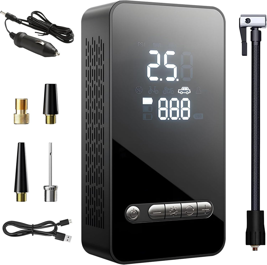 Tyre Inflator Portable Air Compressor 150PSI, DC 12V Dual Power Supply Faster Inflation Air Pump with LED Light Auto-Off, Electric Air Pump for Car, Bike, Motorcycle, Ball