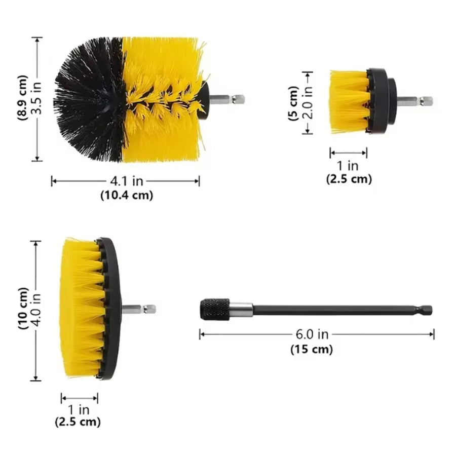 4-Pc Drill Brush Attachment Set Power Scrubber Cleaning Kit for Grout Floors Tiles Bathrooms Kitchens & Cars