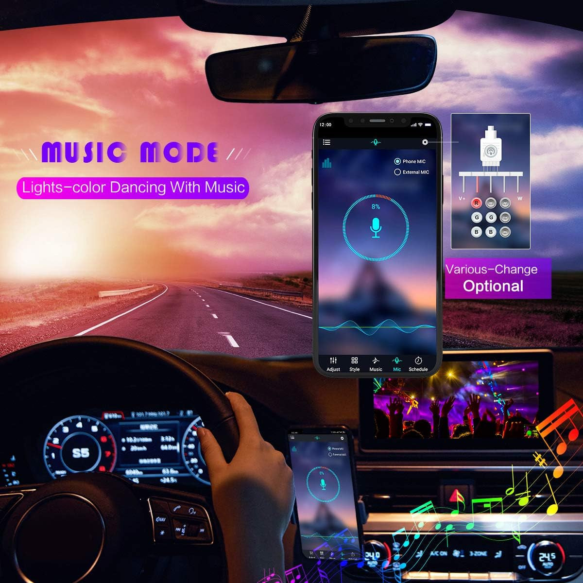 Bluetooth Car LED Strip Lights, Multi DIY Color Music under Dash Interior LED Lights with Sound Active Function