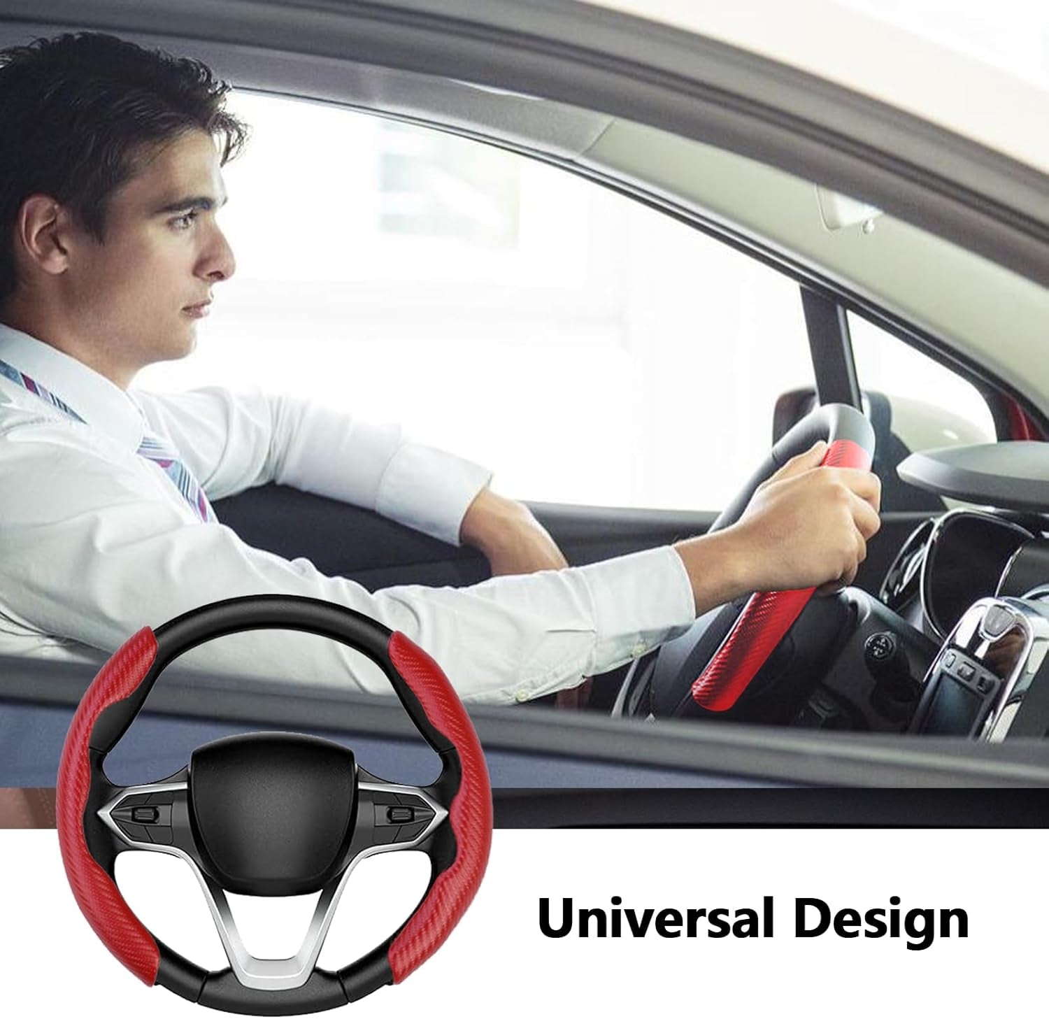 Car Steering Wheel Cover,2Pcs Universal Carbon Fiber Anti-Skid Segmented Steering Wheel Cover Protector for Auto/Truck/Suv/Van Steering Wheels Accessories（Red）