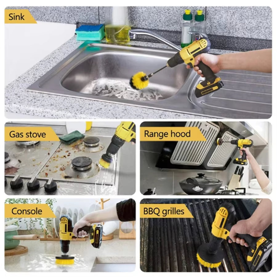 4-Pc Drill Brush Attachment Set Power Scrubber Cleaning Kit for Grout Floors Tiles Bathrooms Kitchens & Cars