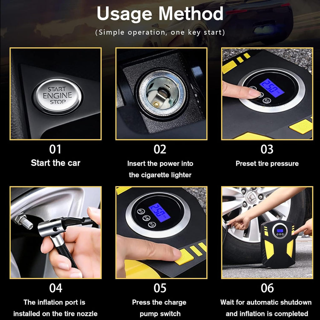 Digital Tyre Inflator,Tyre Inflator Portable Air Compressor Car Tyre Pump with 3 Nozzle Adaptors and Digital Led Light,12V Rapid Tyre Inflator Air Compressor for Car Tires and Other Inflatables