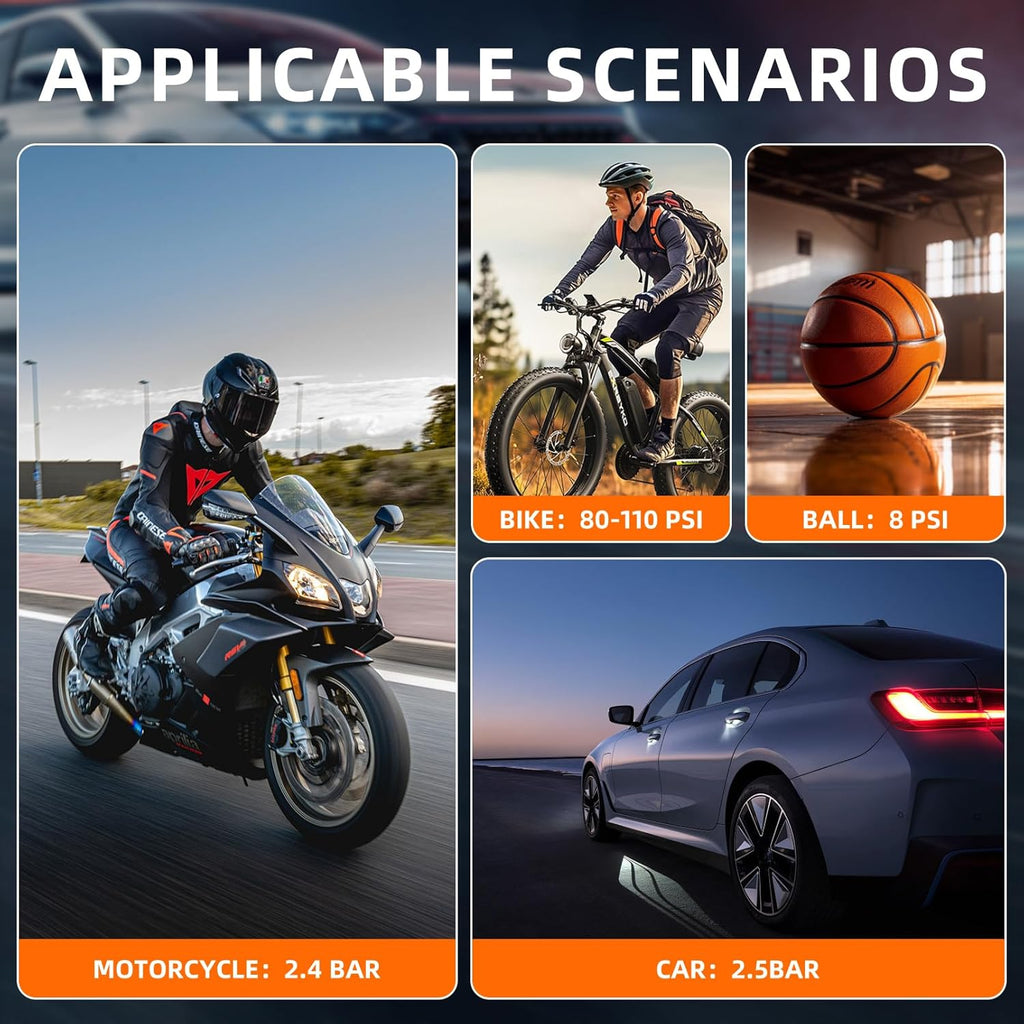 Tyre Inflator Portable Air Compressor 150PSI, DC 12V Dual Power Supply Faster Inflation Air Pump with LED Light Auto-Off, Electric Air Pump for Car, Bike, Motorcycle, Ball