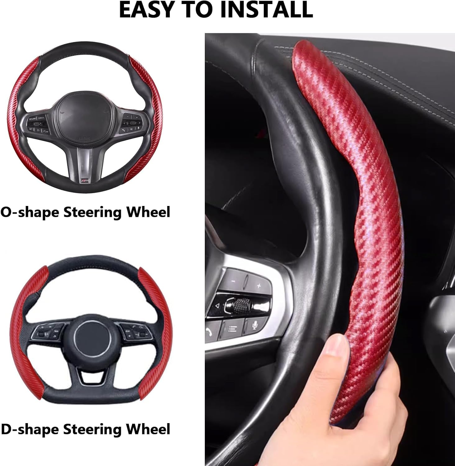 Car Steering Wheel Cover,2Pcs Universal Carbon Fiber Anti-Skid Segmented Steering Wheel Cover Protector for Auto/Truck/Suv/Van Steering Wheels Accessories（Red）