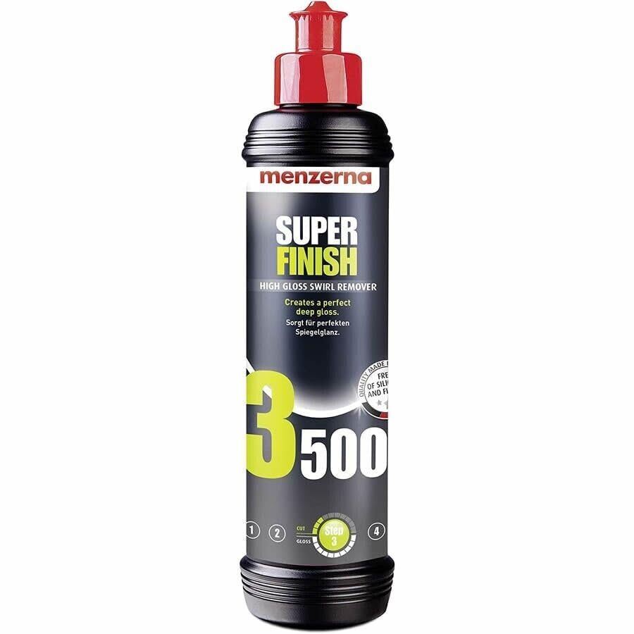 Menzerna 1 X 250Ml Super Finish 3500 High Gloss Polish 1 X 250Ml Super Finish plus 3800 Polishing Compound for Marks, Micro Scratches & Holograms with Microfibre Cloth & Non Slip Car Dash Mat