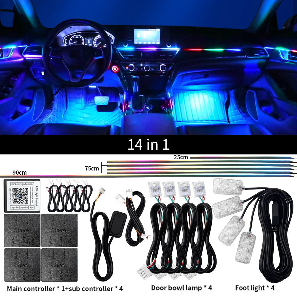 18 in 1 LED Symphony Ambient Lights Car Interior Full Color Streamer RGB 64 Colors Neon Acrylic Strip Decoration Atmosphere Lamp