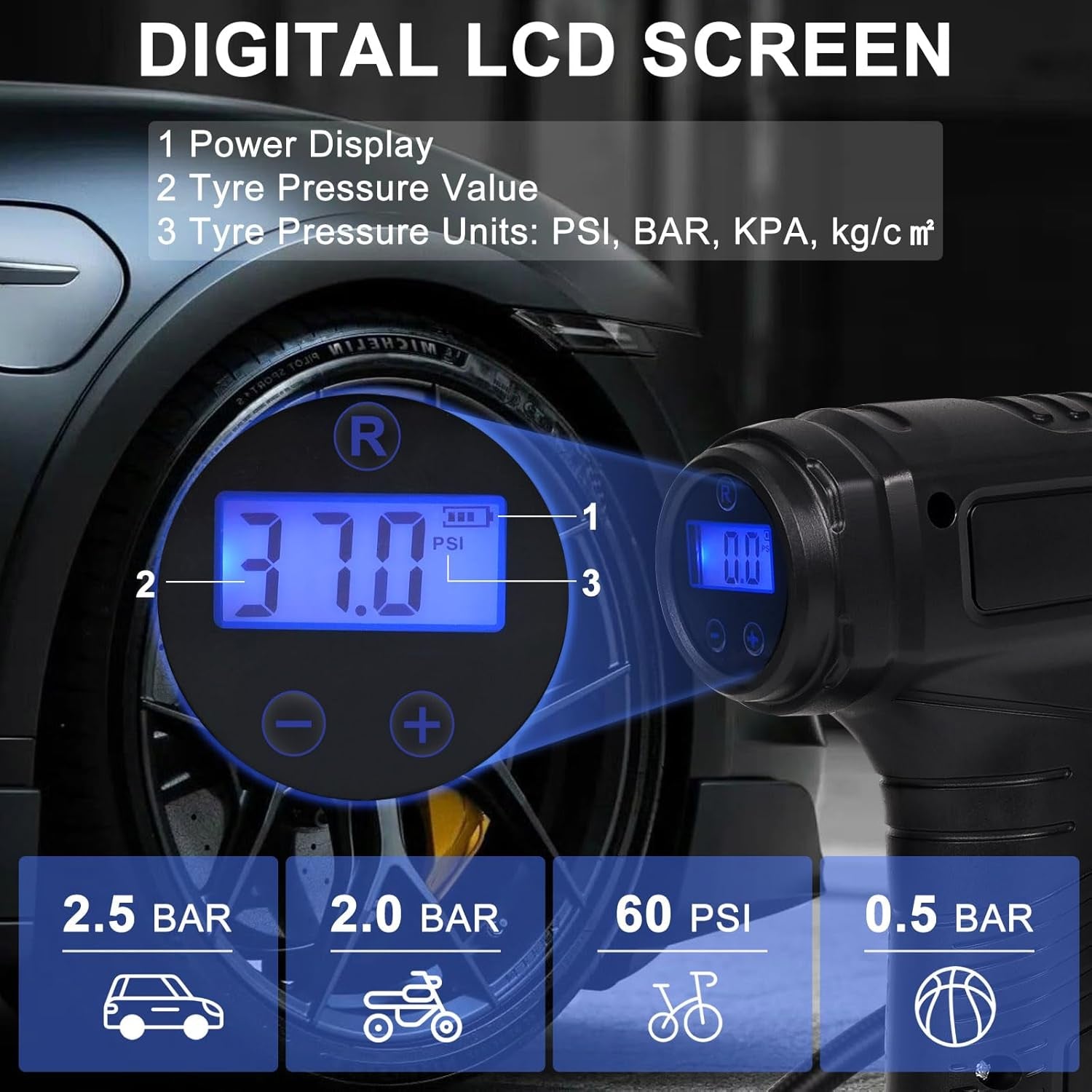 Tyre Inflator Cordless Air Compressor,Portable Handheld Rechargeable Tyre Inflator with Digital Pressure Gauge,150Psi Auto Shut off Tyre Inflator with LED Light&7Nozzle for Car Motorcycle Bicycle Ball