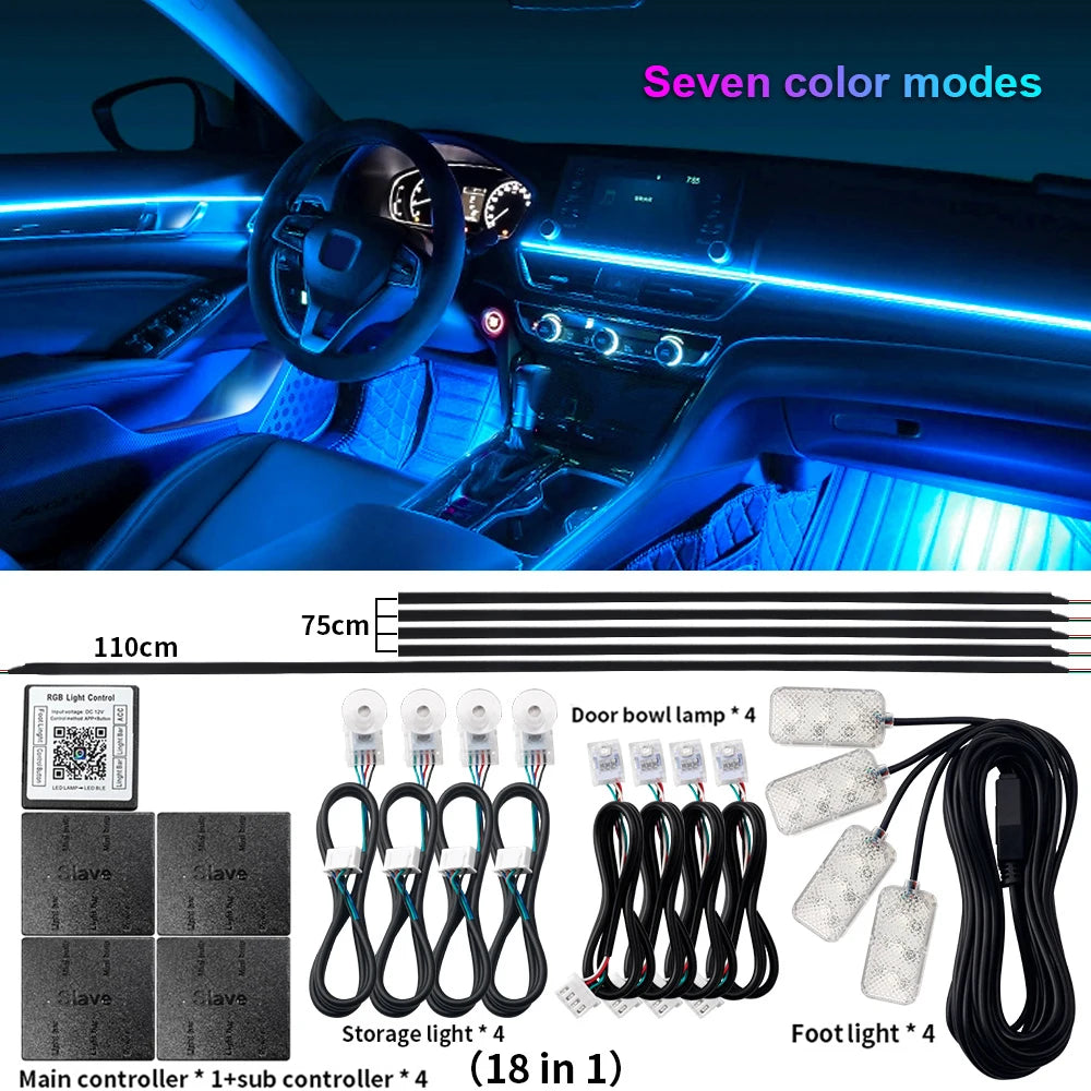 18 in 1 LED Symphony Ambient Lights Car Interior Full Color Streamer RGB 64 Colors Neon Acrylic Strip Decoration Atmosphere Lamp