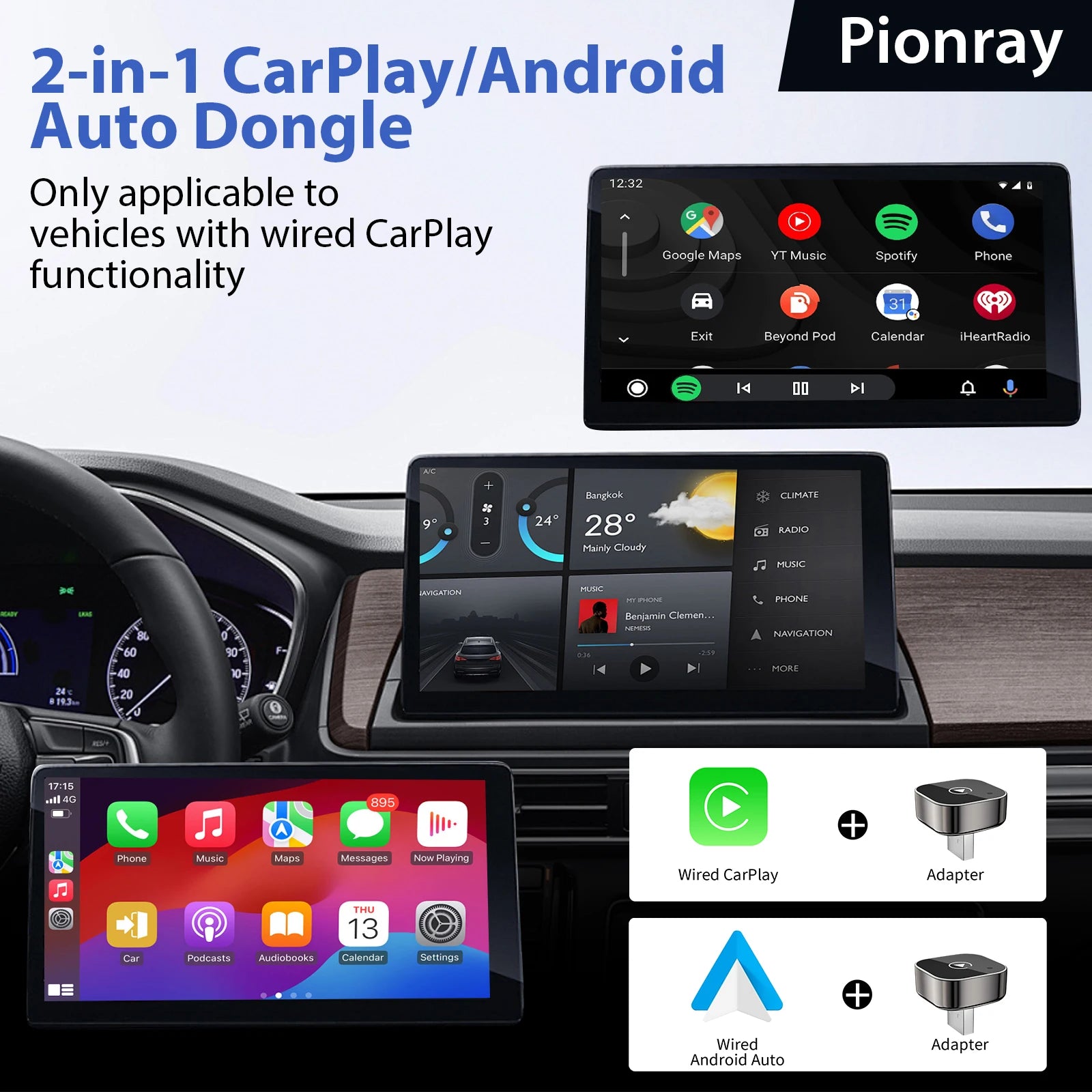 New  2 in 1 Wireless Carplay Adapter&Android Auto Wireless Adapter, 5Ghz Wifi Type-C/Usb Plug Play Carplay Wireless