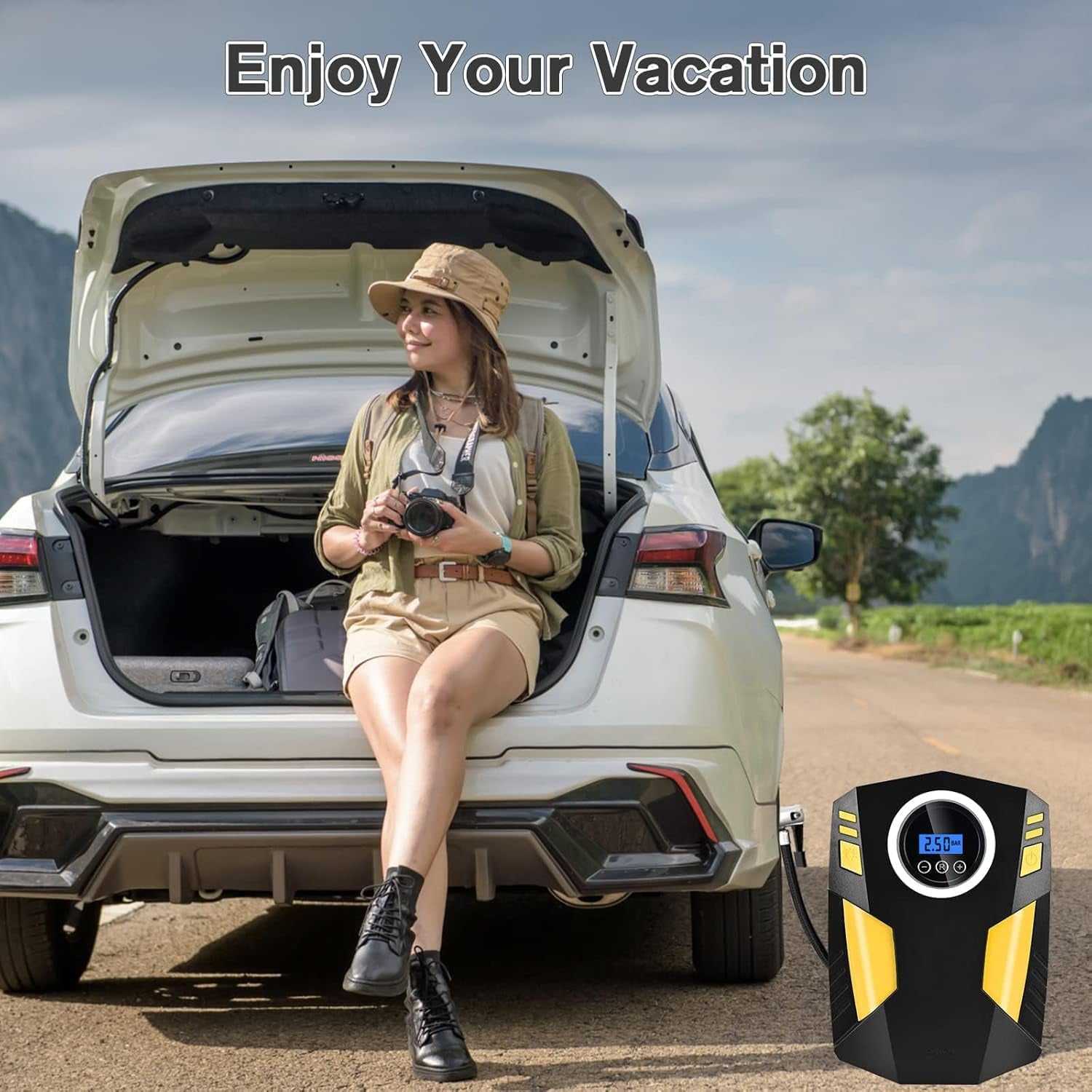 Digital Tyre Inflator,Tyre Inflator Portable Air Compressor Car Tyre Pump with 3 Nozzle Adaptors and Digital Led Light,12V Rapid Tyre Inflator Air Compressor for Car Tires and Other Inflatables