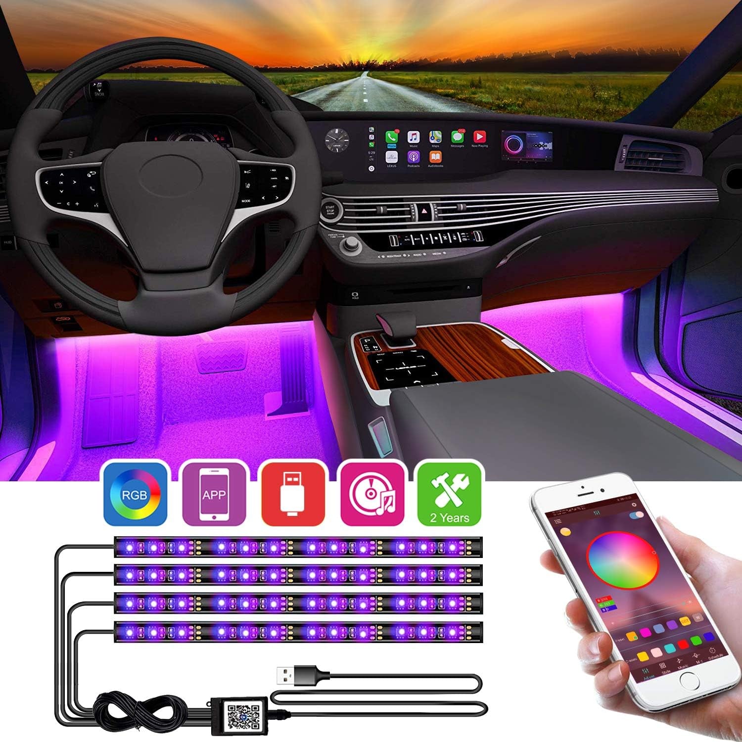 Bluetooth Car LED Strip Lights, Multi DIY Color Music under Dash Interior LED Lights with Sound Active Function