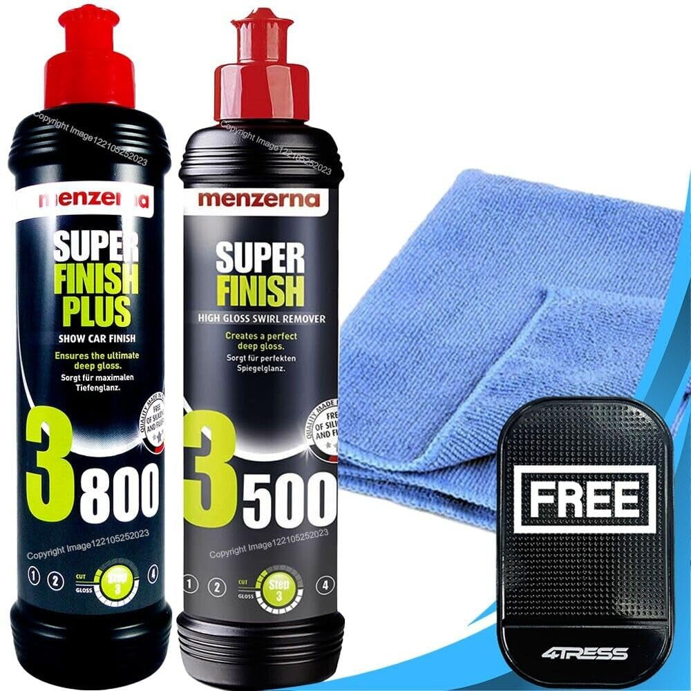 Menzerna 1 X 250Ml Super Finish 3500 High Gloss Polish 1 X 250Ml Super Finish plus 3800 Polishing Compound for Marks, Micro Scratches & Holograms with Microfibre Cloth & Non Slip Car Dash Mat