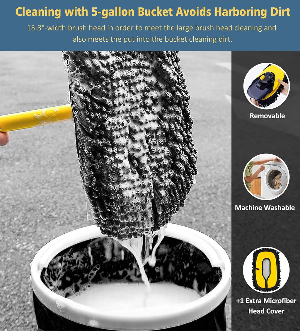 55" Car Wash Brush with Long Handle, 15° Curved Extendable Car Cleaning Brush with Replaceable Microfiber Mop Head, Portable Washing Brush Kit with Storage Bag for RV Truck Camper Cleaning