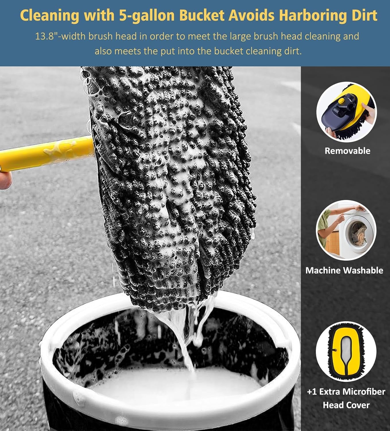 55" Car Wash Brush with Long Handle, 15° Curved Extendable Car Cleaning Brush with Replaceable Microfiber Mop Head, Portable Washing Brush Kit with Storage Bag for RV Truck Camper Cleaning