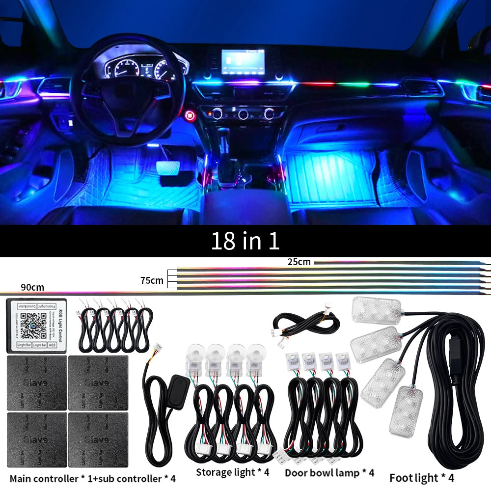 18 in 1 LED Symphony Ambient Lights Car Interior Full Color Streamer RGB 64 Colors Neon Acrylic Strip Decoration Atmosphere Lamp