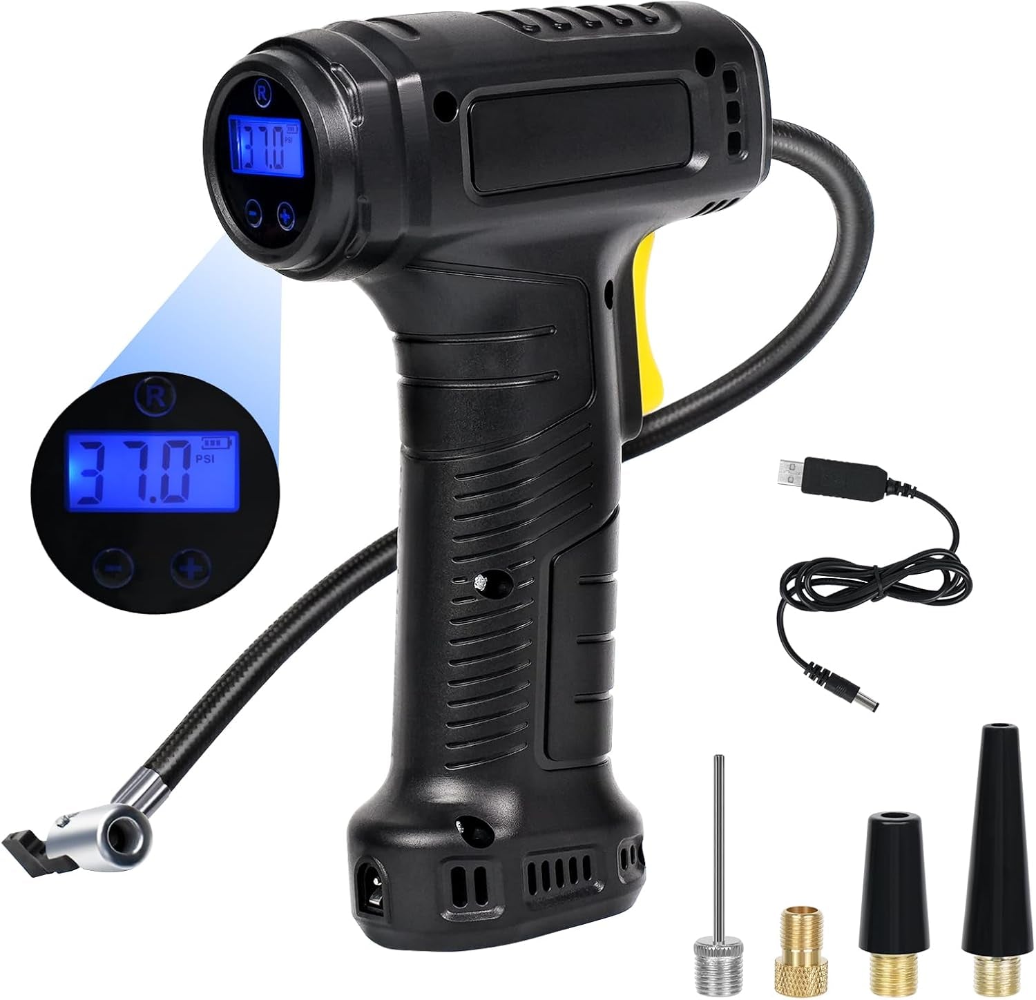 Tyre Inflator Cordless Air Compressor,Portable Handheld Rechargeable Tyre Inflator with Digital Pressure Gauge,150Psi Auto Shut off Tyre Inflator with LED Light&7Nozzle for Car Motorcycle Bicycle Ball